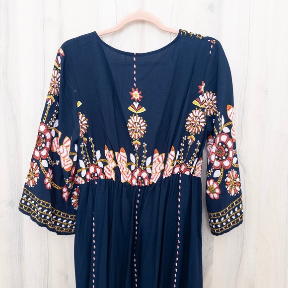 Womens Floral Boho Midi Dress Sz L Navy V-Neck Flare Sleeve Boho Festival Hippie - Picture 7 of 8